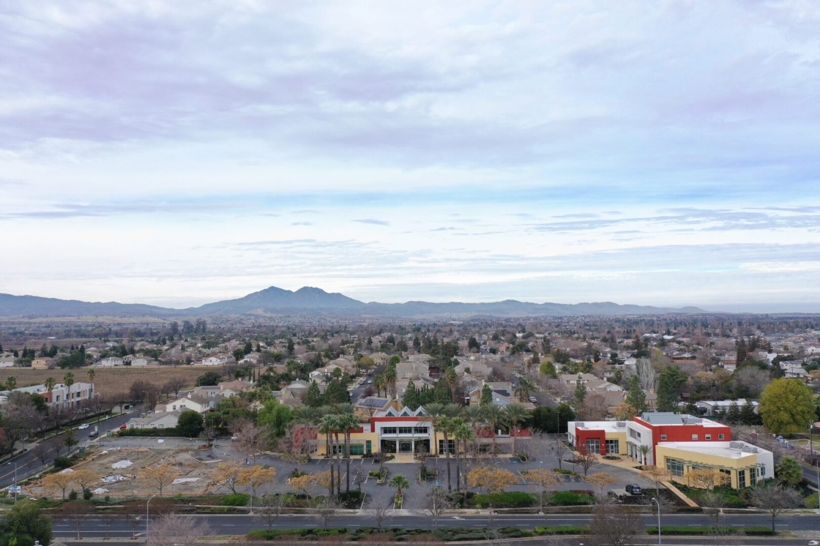 A view of a city from above with buildings.